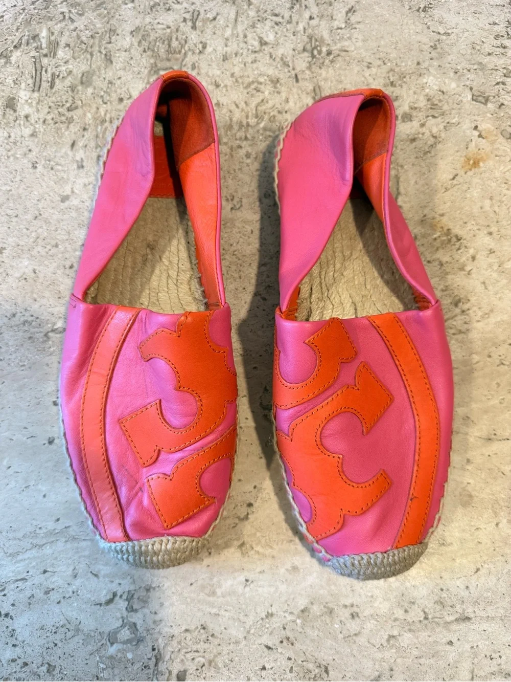 TORY BURCH Pink and Orange Leather Espadrille Flats